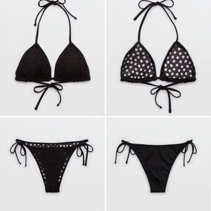 AE Aerie Black Crochet Triangle Cheeky Cheekiest Side Tie Bikini Set Medium NWT